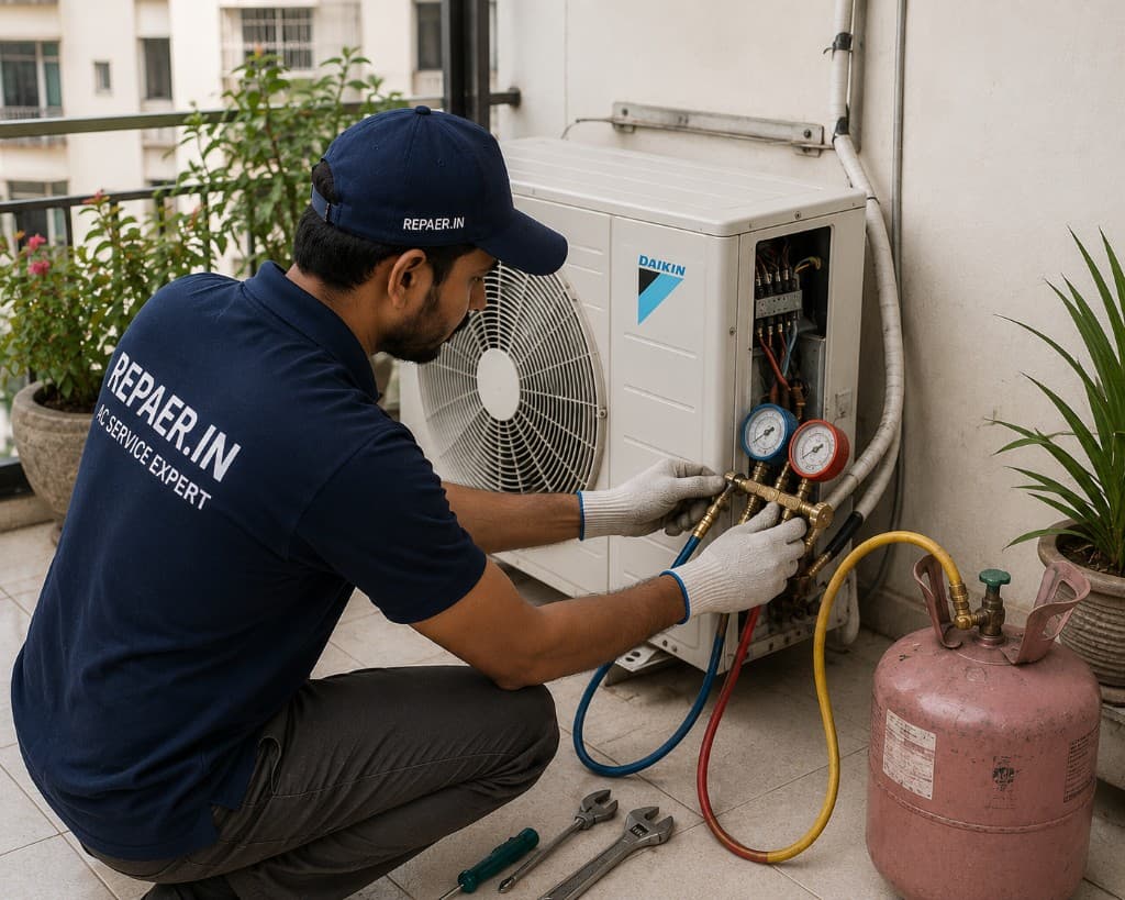 REPAER technician filling refrigerant in an outdoor AC unit