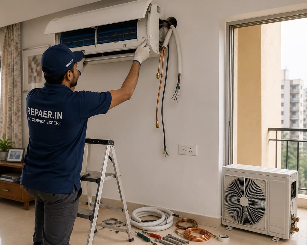 REPAER technician installing a split AC indoor unit in a home
