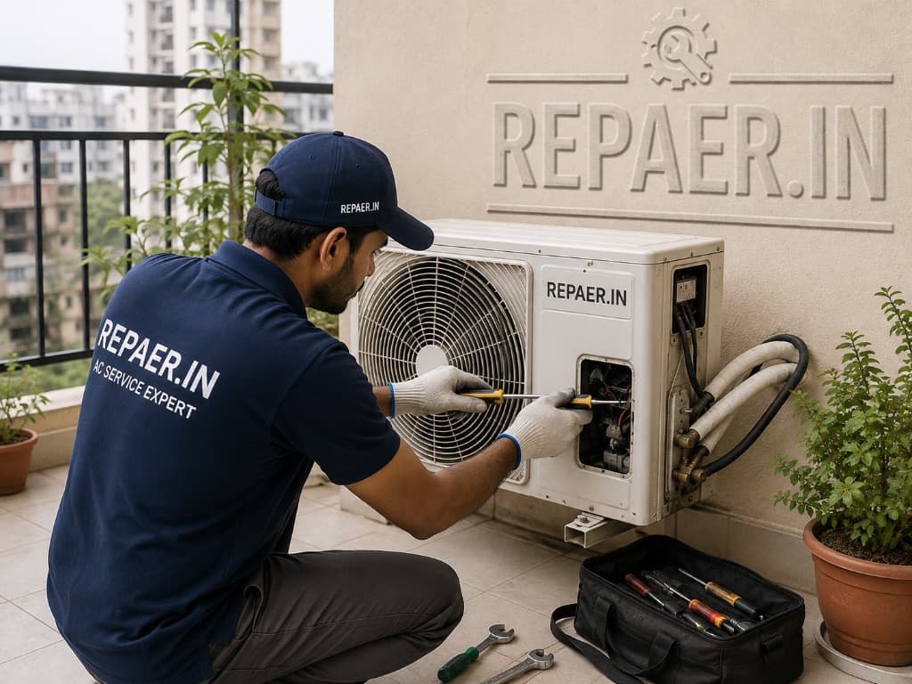 REPAER technician repairing an outdoor AC unit on a balcony
