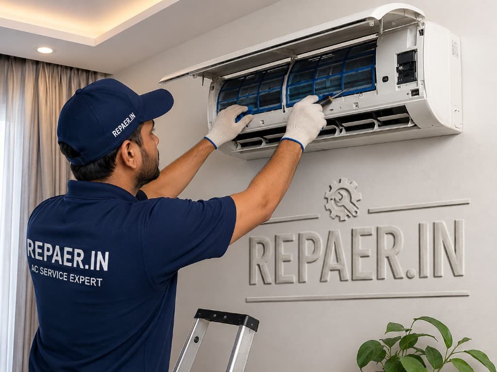 REPAER technician servicing a split AC indoor unit