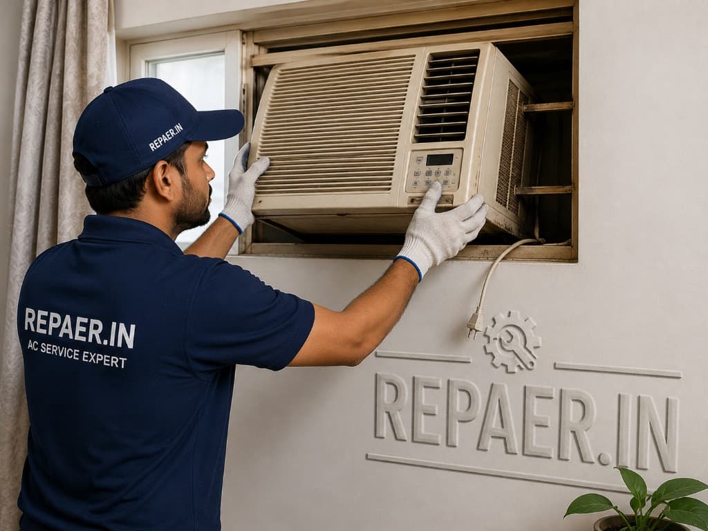REPAER technician removing a window AC unit from a wall