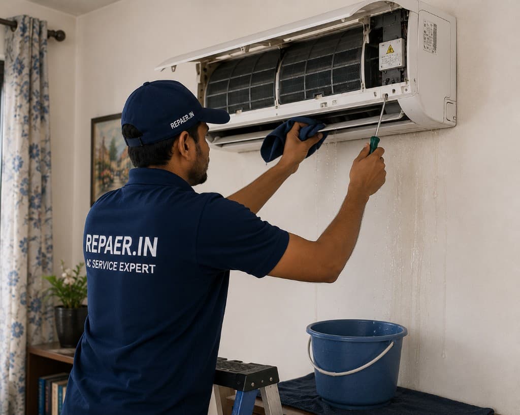 REPAER technician fixing water leakage from a split AC indoor unit