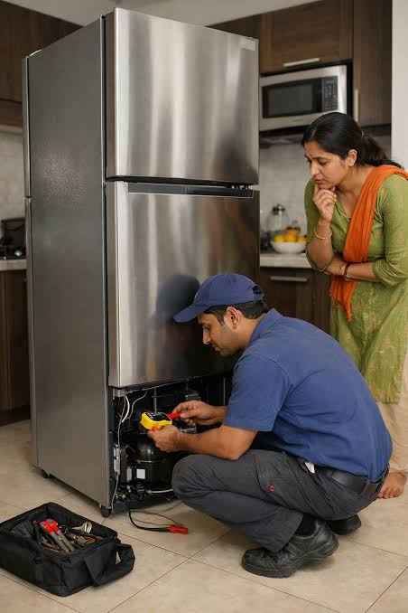 Technician repairing a refrigerator while a customer watches in a home kitchen