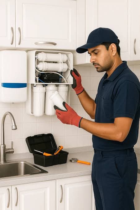 Technician servicing a wall-mounted RO water purifier in a kitchen